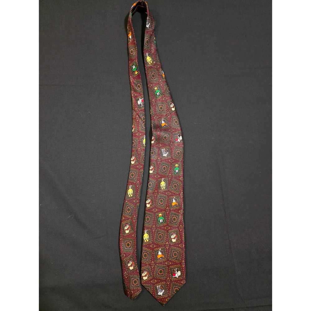 Vintage 1993 Looney Tunes Mania Maroon Portrait Stamp Necktie